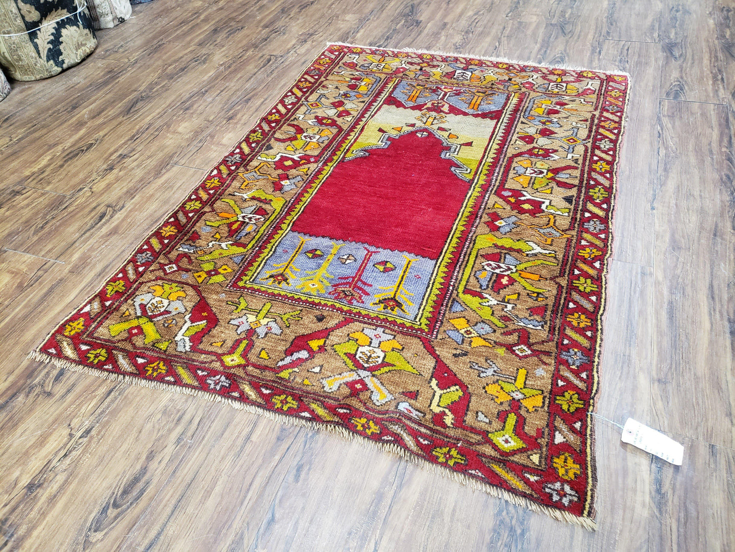 Antique Turkish Prayer Rug Handwoven Wool 3.8 By 5 Feet Colorful Red Blue Gold Anatolian Carpet