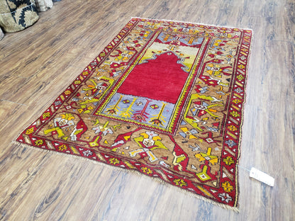 Antique Turkish Prayer Rug Handwoven Wool 3.8 By 5 Feet Colorful Red Blue Gold Anatolian Carpet