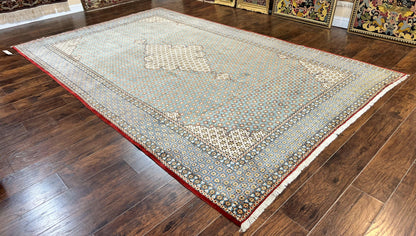 Rare Persian Rug 8x12, Qum Rug, Repeated Star Motifs, Blue and Ivory, Fine 300 KPSI, Hand Knotted Handmade Vintage Wool Rug