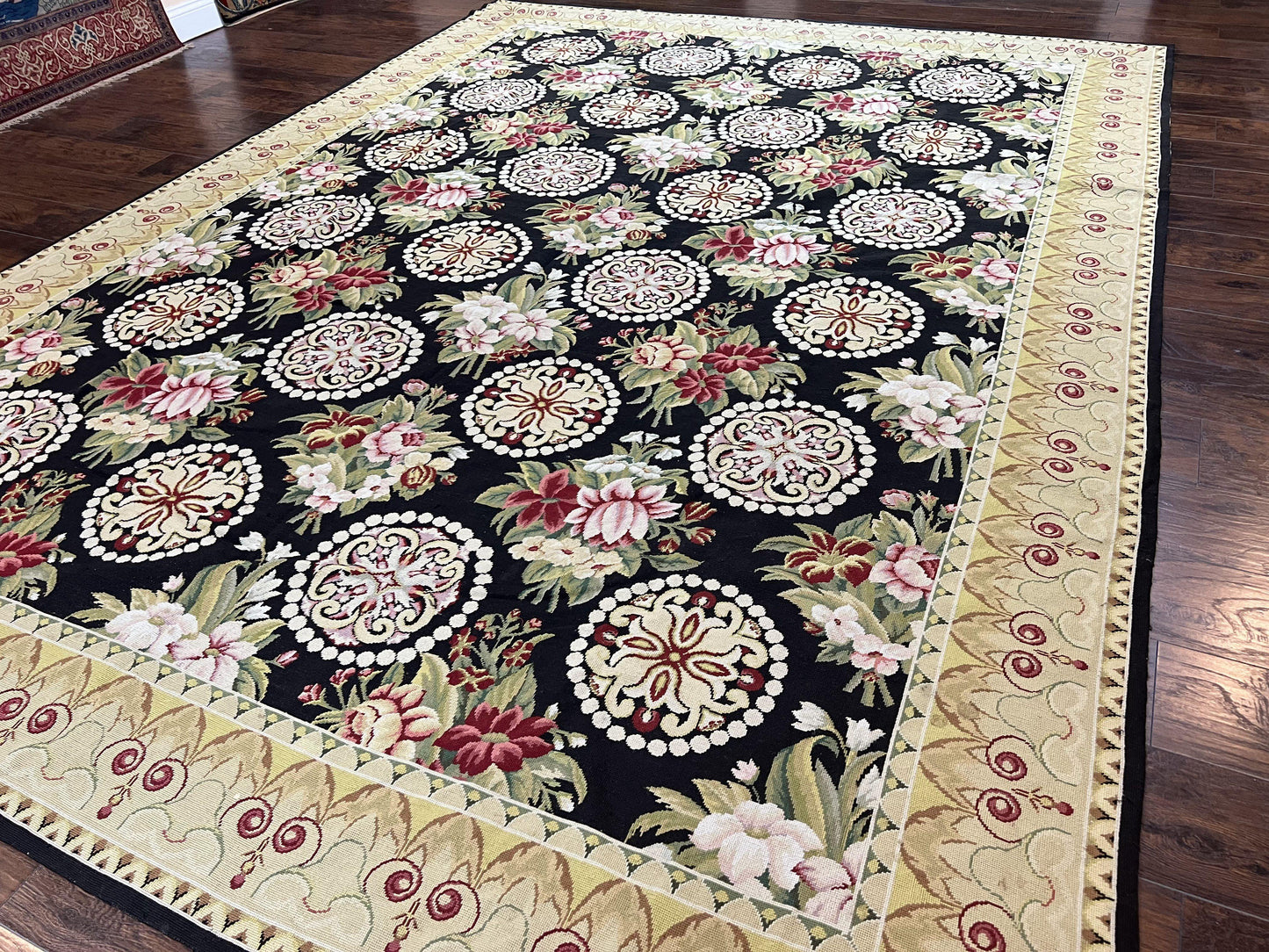 Black Wool Needlepoint Rug 9x12 Handwoven European Floral Panel Design Vintage Chinese