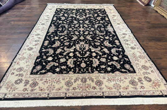 Sino Persian Rug 6x9, Black and Ivory, Wool and Silk Highlights, Handmade