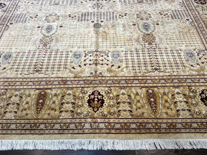 Pakistani Carpet 9x12, Finely Hand Knotted 270 KPSI, Cream, Allover Pattern