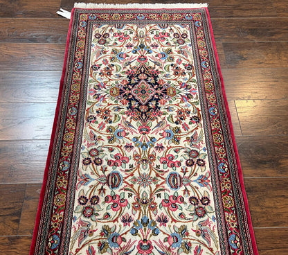 Persian Qum Runner Rug 2.8 x 10 Feet Hand Knotted Wool Floral Medallions With Birds