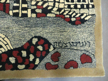 Vintage Israeli Handcrafted Wool Rug 3 By 4 Feet Wall Hanging Signed Hebrew