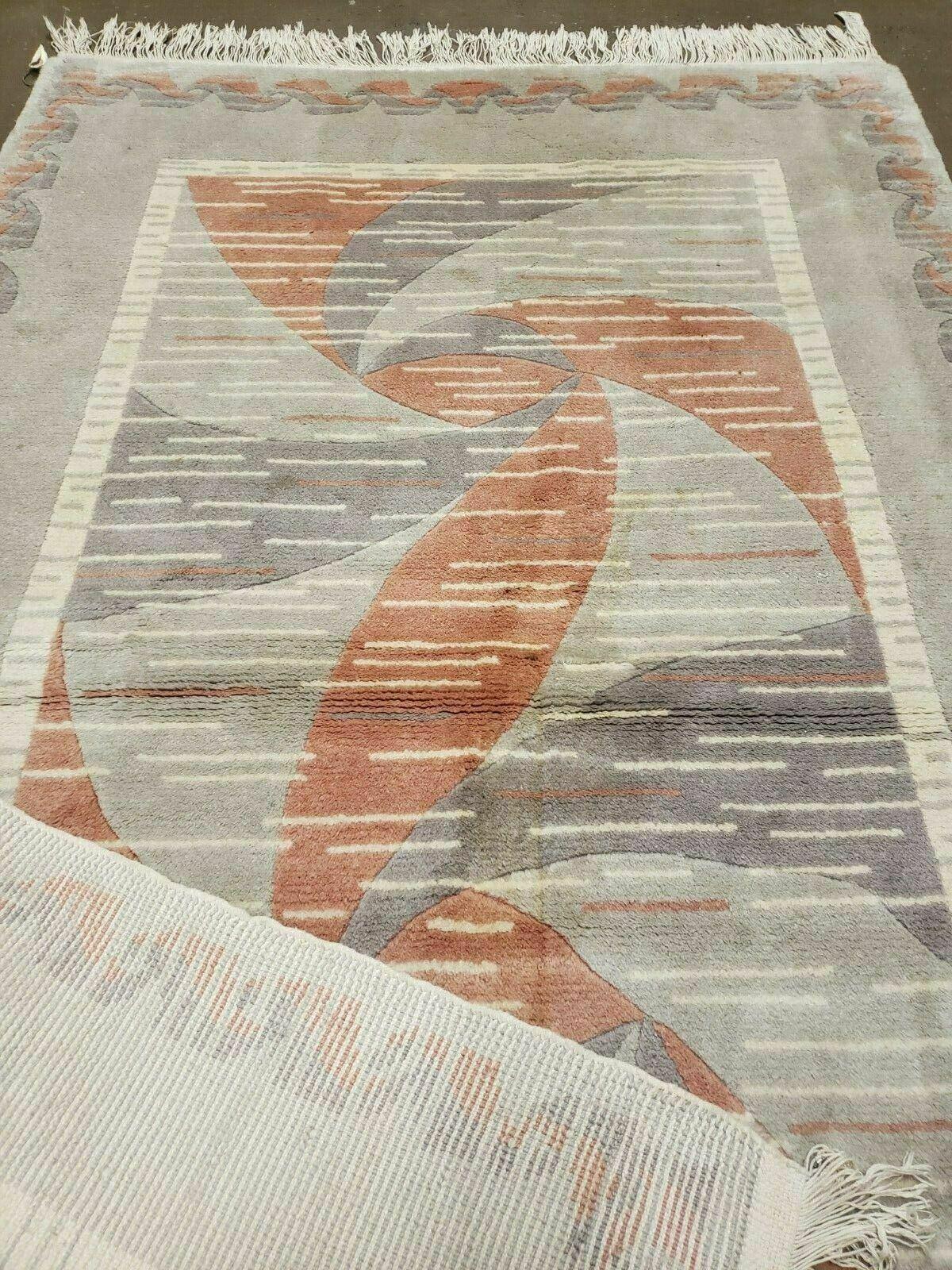 Handmade Chinese Accent Rug 3x5 Silk On Cotton Abstract Contemporary Design Beige And Orange
