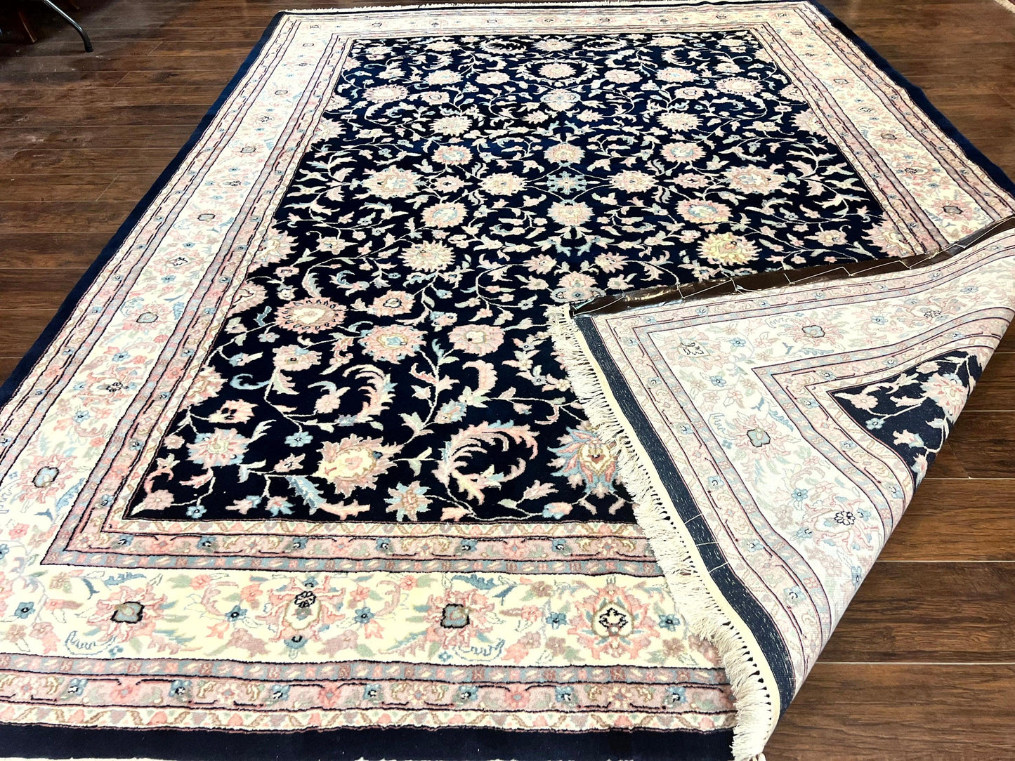 Indo Persian Rug 9x12 Wool Handmade Floral Allover Navy Ivory Vintage Carpet