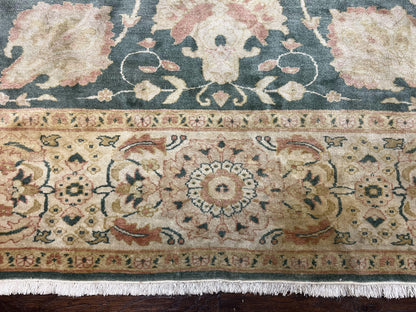 Egyptian Mahal Rug 10x14, Large Vintage Floral Hand Knotted Wool Carpet 10 x 14, Dark Green and Beige Traditional Handmade Persian Area Rug