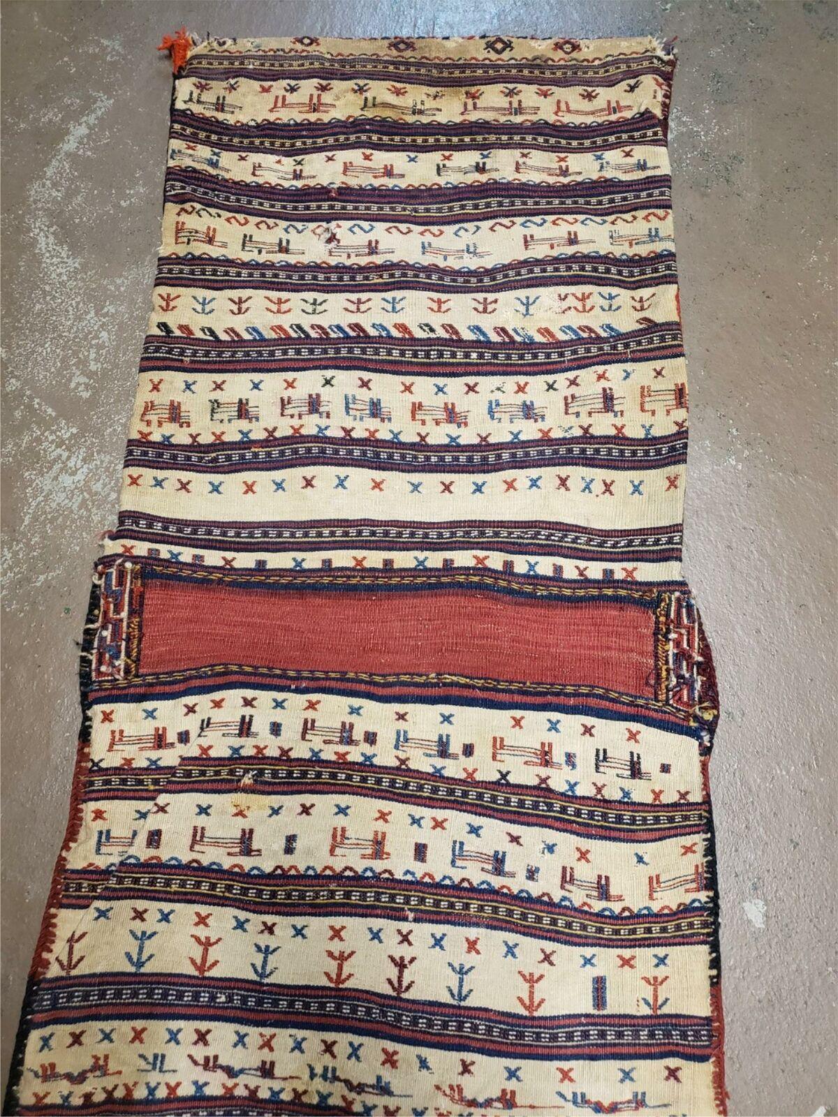 Antique Handmade Tribal Wool Rug 26x56 Inches Tobreh Double Bag Authentic