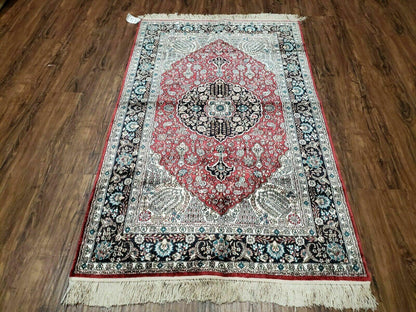Vintage Kashmir Silk Rug 3x5 Handmade In India Qum Design 400 KPSI