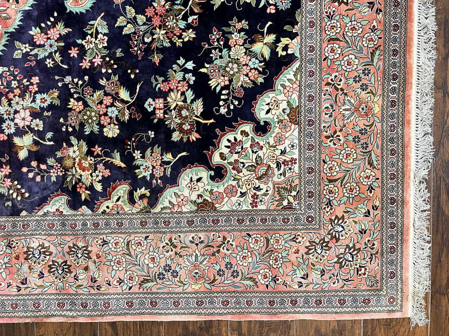 Silk Persian Qum Rug 7x9 Hand Knotted Navy Blue Salmon Floral Medallion Authentic Oriental Carpet