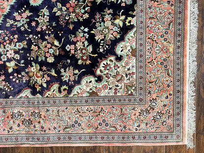 Silk Persian Qum Rug 7x9 Hand Knotted Navy Blue Salmon Floral Medallion Authentic Oriental Carpet
