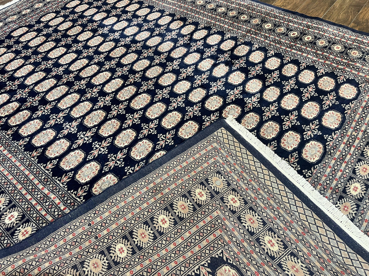 Pakistani Bokhara Rug 8x10 Hand Knotted Wool Vintage Carpet in Dark Blue Beige