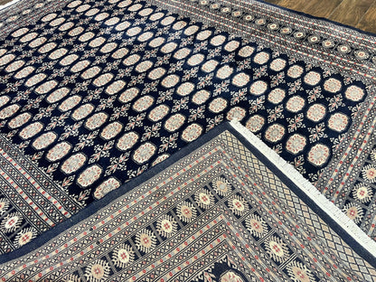 Pakistani Bokhara Rug 8x10 Hand Knotted Wool Vintage Carpet in Dark Blue Beige