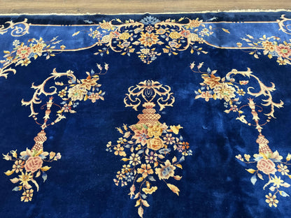 Blue Chinese Art Deco Rug 9x12 Hand Knotted Wool Vintage Rug