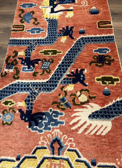 Rare Chinese Ningxia Pillar Rug 3x8, Late Qing Dynasty, 5 Clawed Dragon, Cloud Rainbow Border, Collectible Antique Carpet, Wool Hand Knotted