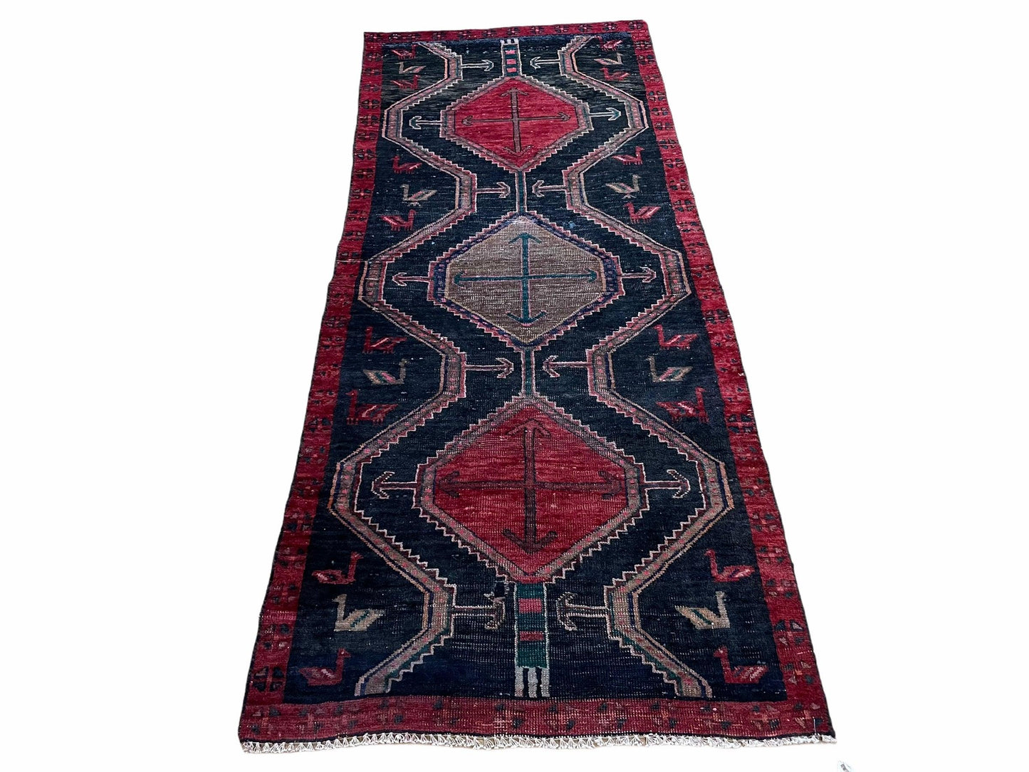 Handmade Wool Tribal Runner Rug 3X7 Geometric Boho Red Blue Organic Dyes