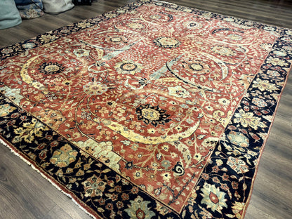 Indian Agra Rug 9x11, Terracotta and Navy Blue, Sickle Leaf Rug