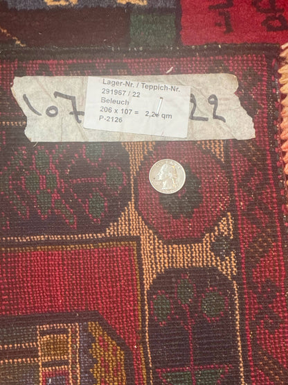 Red Afghan Balouch Rug 3x7, Tribal, Map of Afghanistan Depiction, Handmade, New