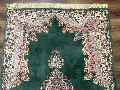 Persian Kerman Rug 4x6 Vintage Wool Green Ivory Pink Medallion Semi Open Field