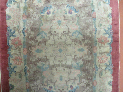 Oval Chinese Art Deco Rug 3x5 Vintage Wool Carpet Hand Knotted 1960s