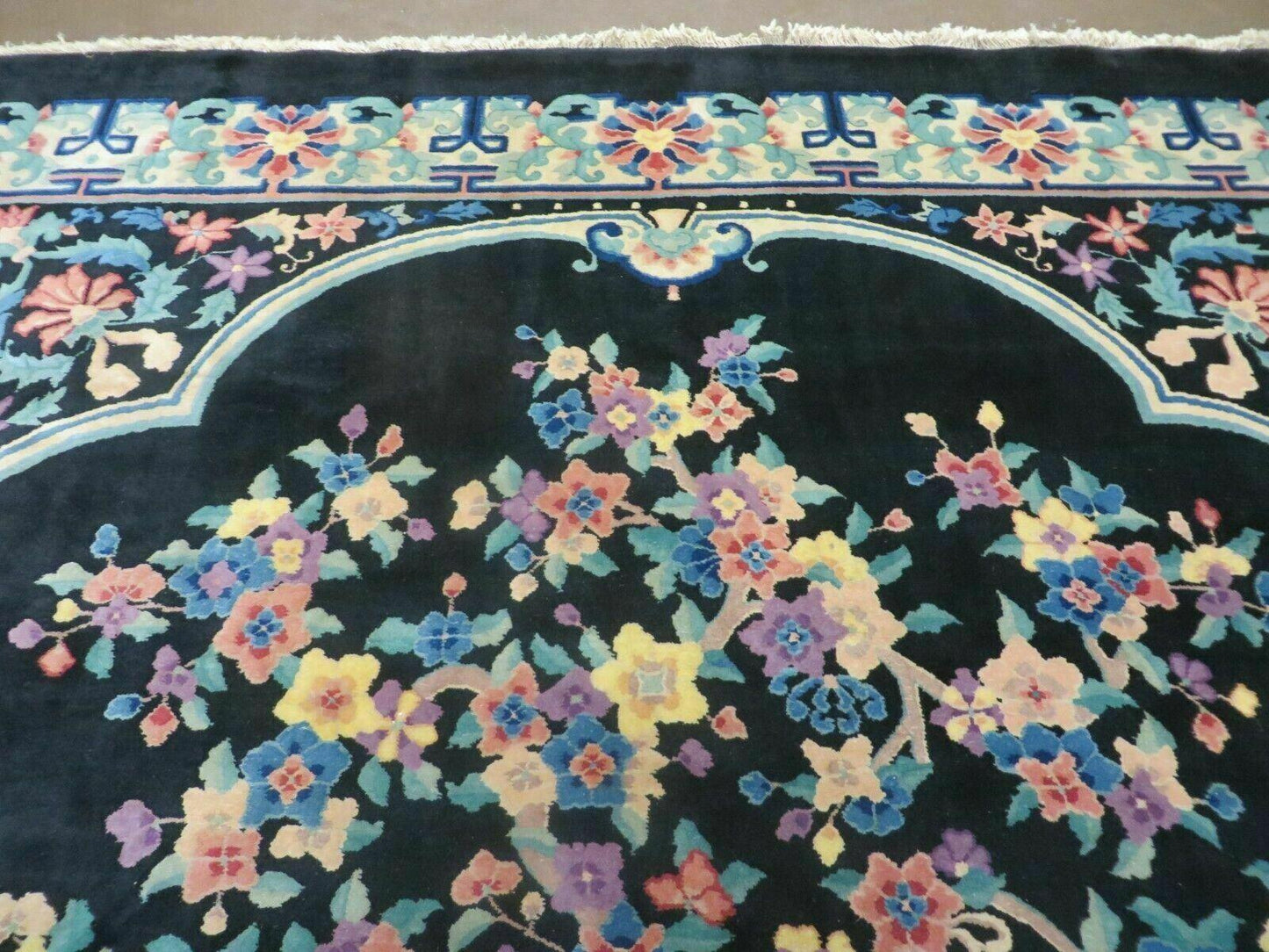 Art Deco Wool Rug Vintage Hand Knotted 8x10 Center Flower Black