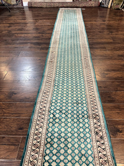 Long Pakistani Runner Rug 2.8 x 20, Hand Knotted Vintage Wool Hallway Rug, Turkoman Rug, Teal and Tan, Handmade Vintage Wool Runner