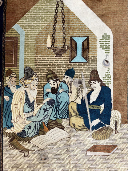 Persian Tabriz Pictorial Rug 3x5, Wall Hanging Carpet, Very Fine 60 Raj 475 KPSI, Hand Knotted Vintage Semi Antique, Wool, Persian Poetry