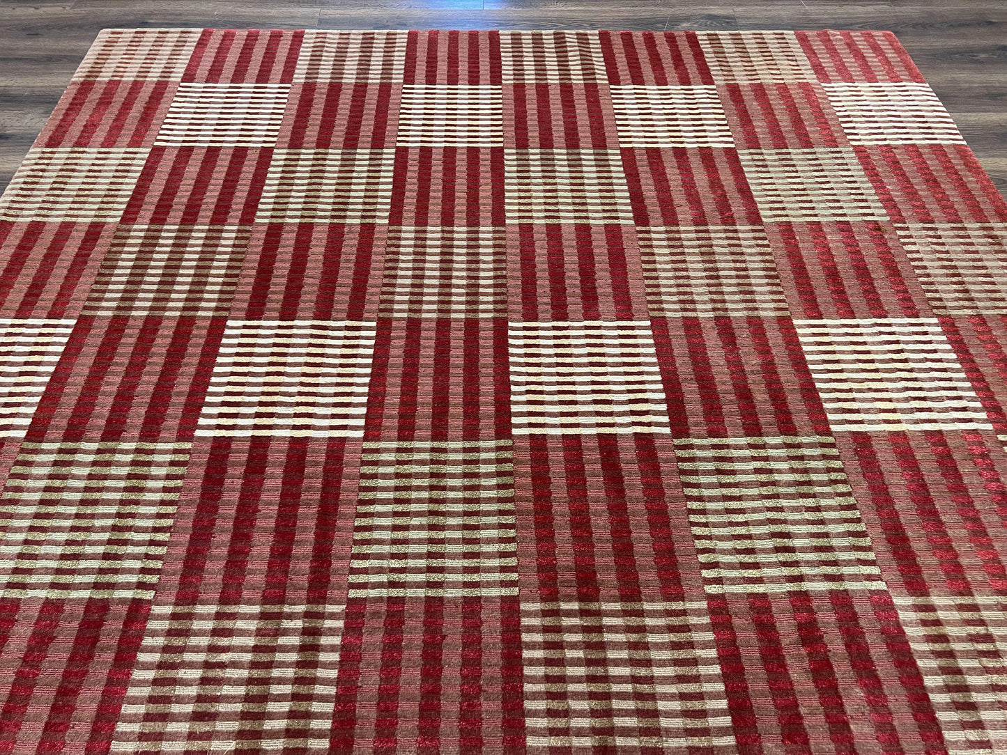 Modern Tibetan Rug 8x10, Hand Knotted Contemporary Nepali Carpet 8 x 10, Checkerboard Design, Red Cream Light Brown, Very Fine Wool & Silk