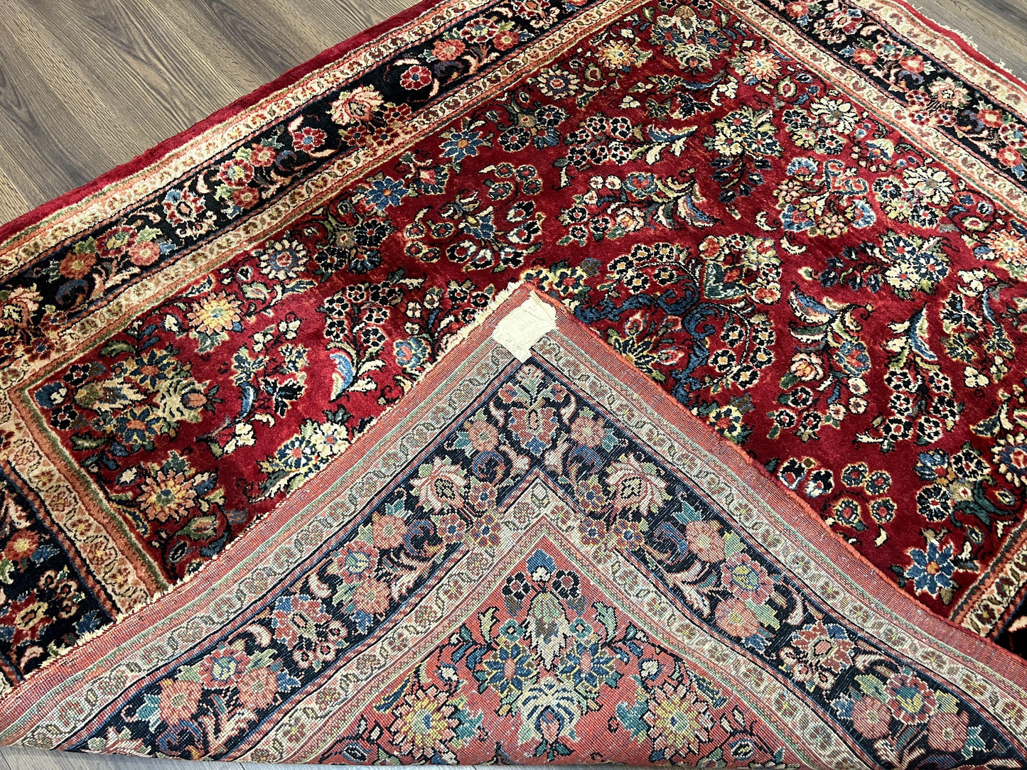 Rare Persian Almost Square Rug 6.3 x 5.3, Hand Knotted Wool Antique 1920s Sarouk Oriental Carpet, Red Navy Blue Beige, Floral Allover, 5x6 Area Rug