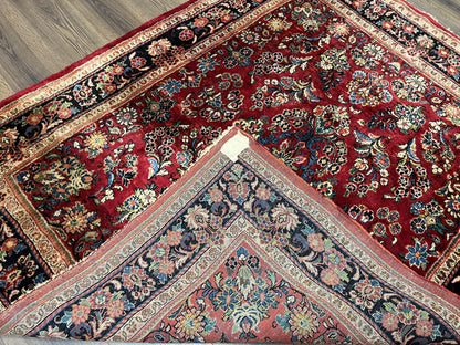 Rare Persian Almost Square Rug 6.3 x 5.3, Hand Knotted Wool Antique 1920s Sarouk Oriental Carpet, Red Navy Blue Beige, Floral Allover, 5x6 Area Rug