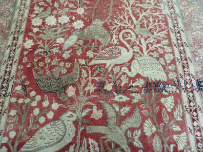 Antique Handmade Turkish Tree Of Life Wool Rug With Birds Red 4x6 Ft