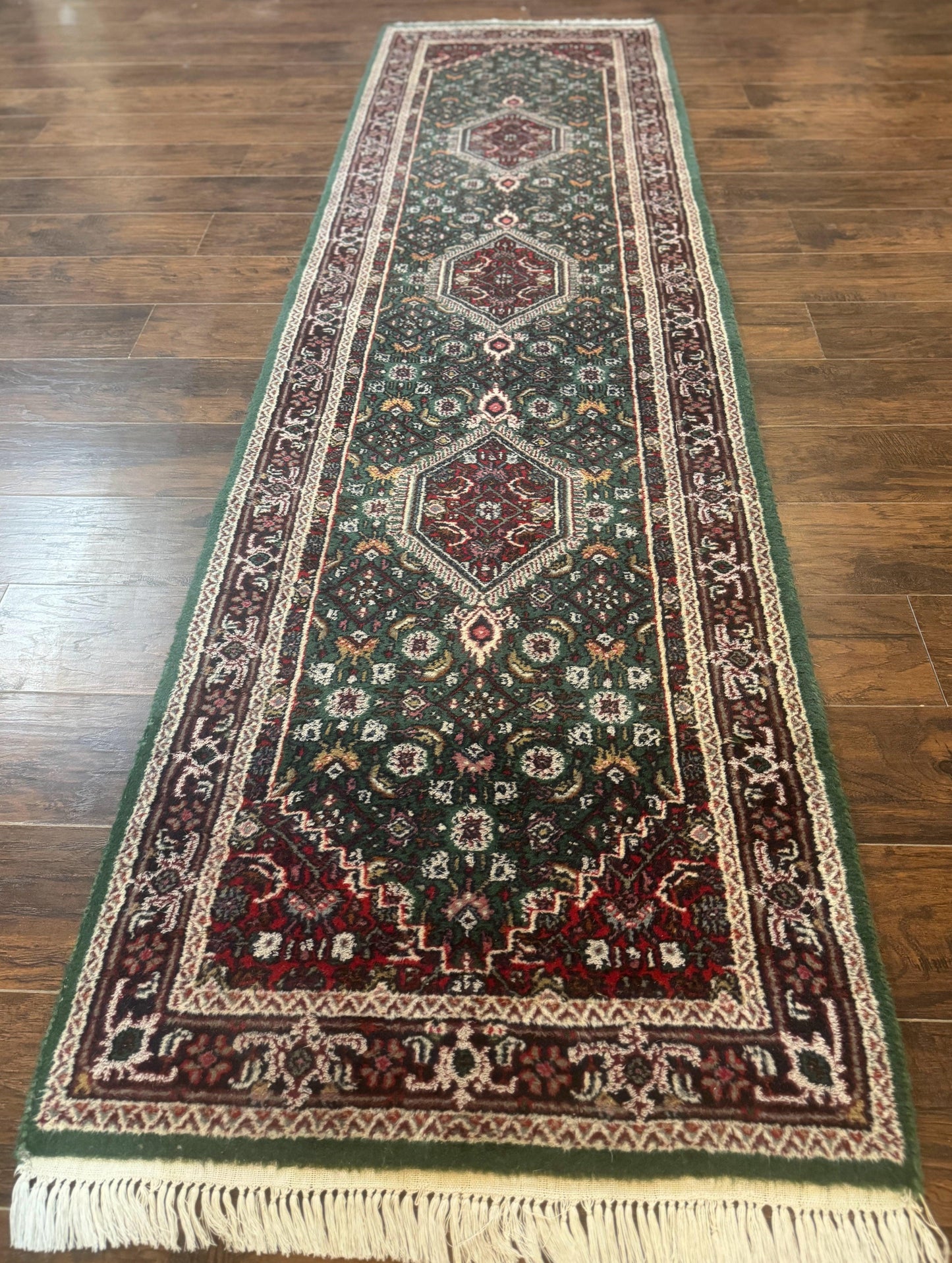 Green Indo Persian Bidjar Runner Rug 3x10, Green and Red