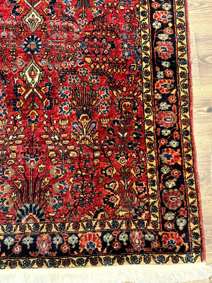 Antique Persian Sarouk Rug 3x4, Red, Floral, 1920s Wool Rug