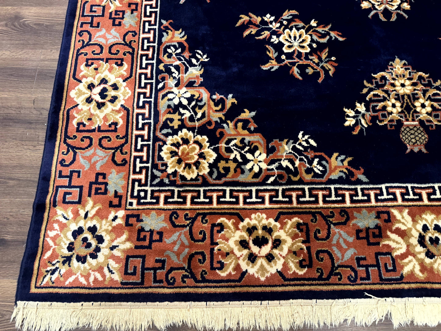 Vintage Chinese Wool Rug 8x11 in Navy Blue and Terracotta Floral Design, Couristan Power-Loomed