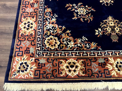 Vintage Chinese Wool Rug 8x11 in Navy Blue and Terracotta Floral Design, Couristan Power-Loomed