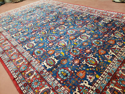 Rare Antique Persian Veramin Carpet, Mina-Khani Pattern, Blue, Red, Ivory, 7x11 ft, Hand-Knotted, Wool