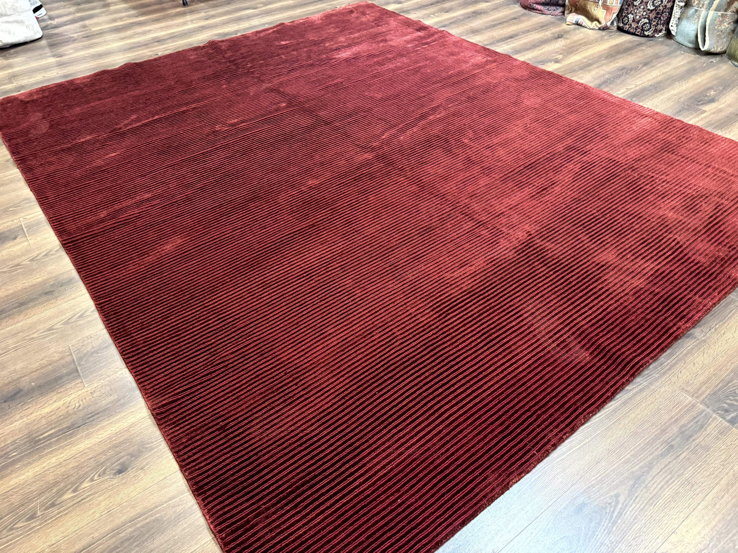 Handmade Tibetan Rug 8x10 Wool Stripe Red Thick Pile Carpet