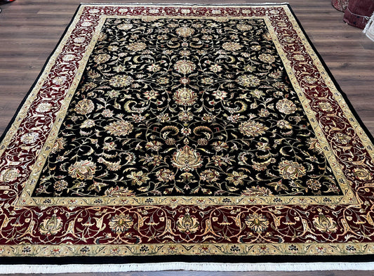 Indo Persian Rug Hand Knotted Wool Silk Floral Allover 8x10 Black Maroon Oriental Carpet