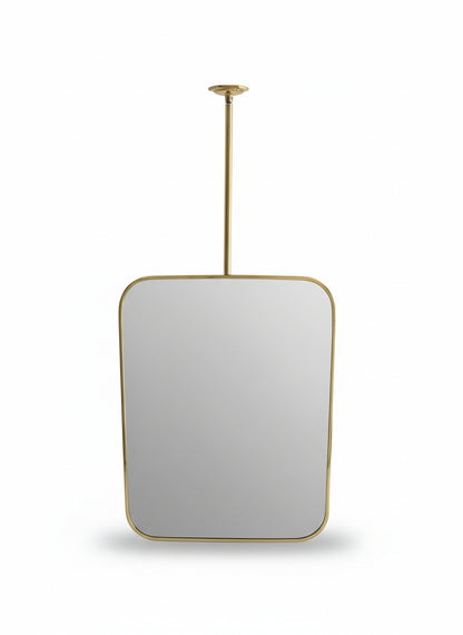 Rounded rectangle brass ceiling mirror with slim brass frame.