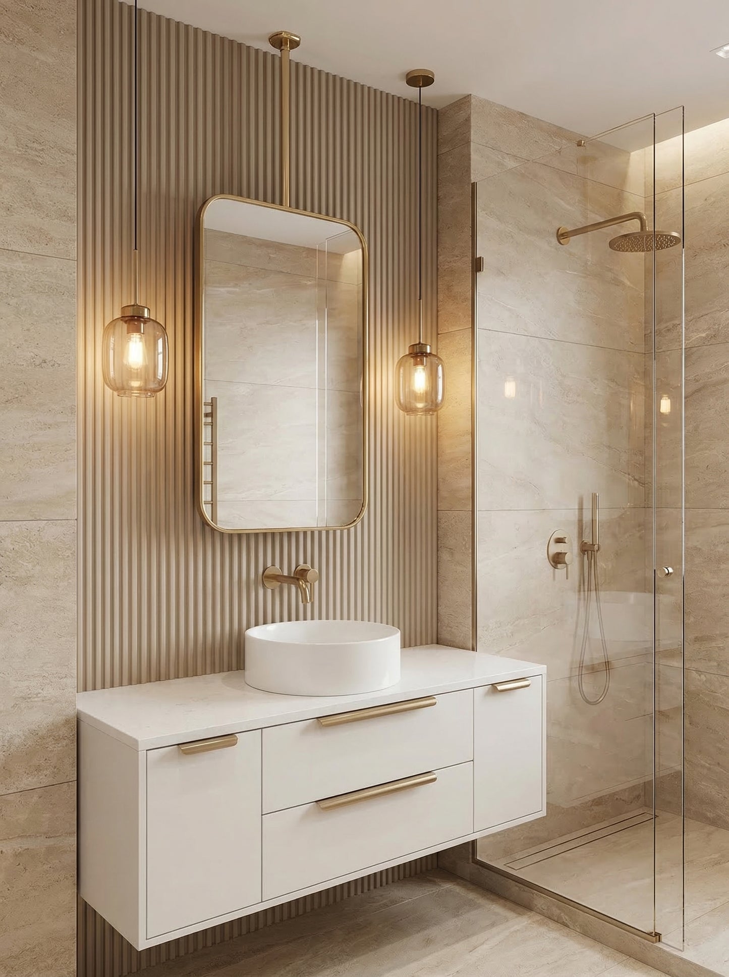 Brass ceiling mounted mirror above a white floating bathroom vanity