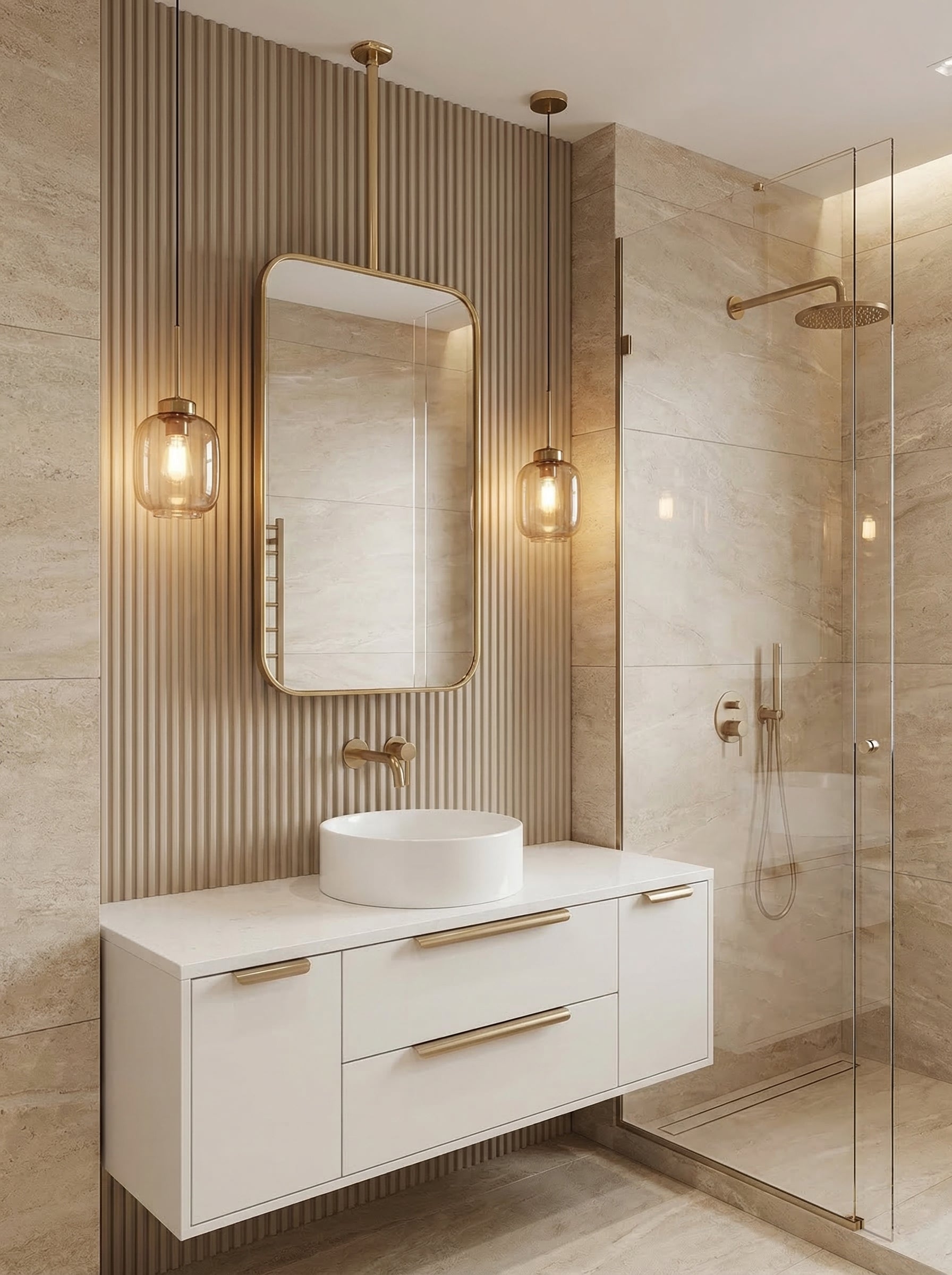 Brass ceiling mounted mirror above a white floating bathroom vanity