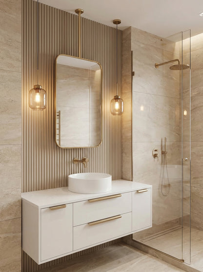 Brass ceiling mounted mirror above a white floating bathroom vanity