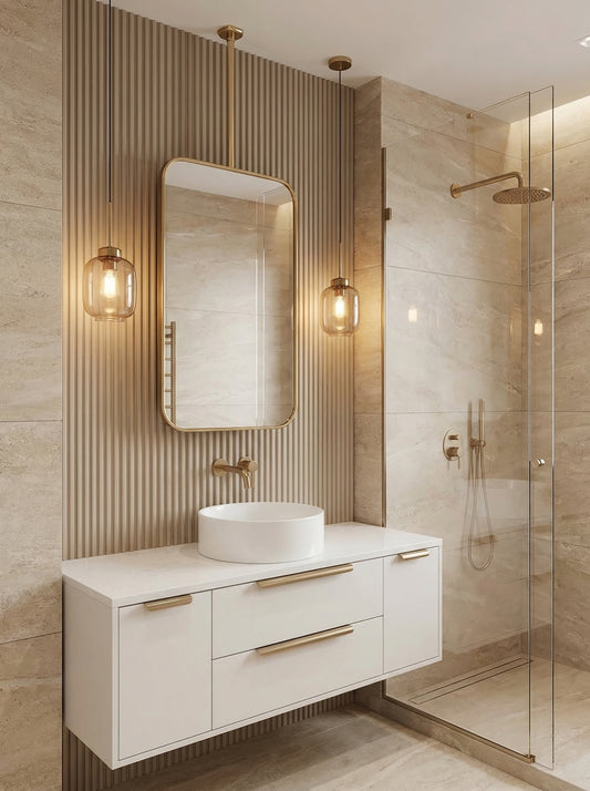 Brass ceiling mounted mirror above a white floating bathroom vanity