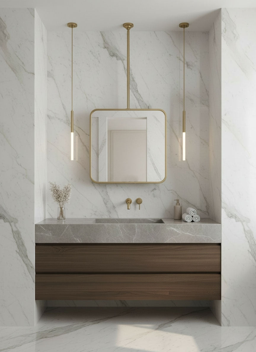 Suspended square brass mirror above floating wood vanity in marble bathroom.