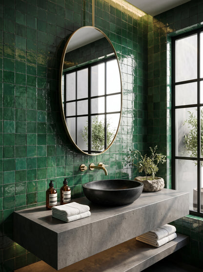 A modern bathroom vanity with a floating concrete sink, a black vessel basin, a round gold-framed mirror, and glossy green tiled walls. Folded white towels, small bottles, and a potted plant sit on the counter beside a large window.