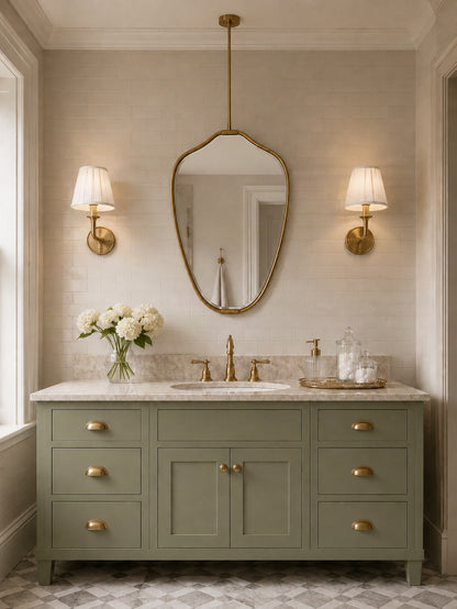A styled bathroom vanity featuring a sage green cabinet with brass hardware, a white marble countertop, a central sink, a gold-framed mirror, and matching wall sconces.