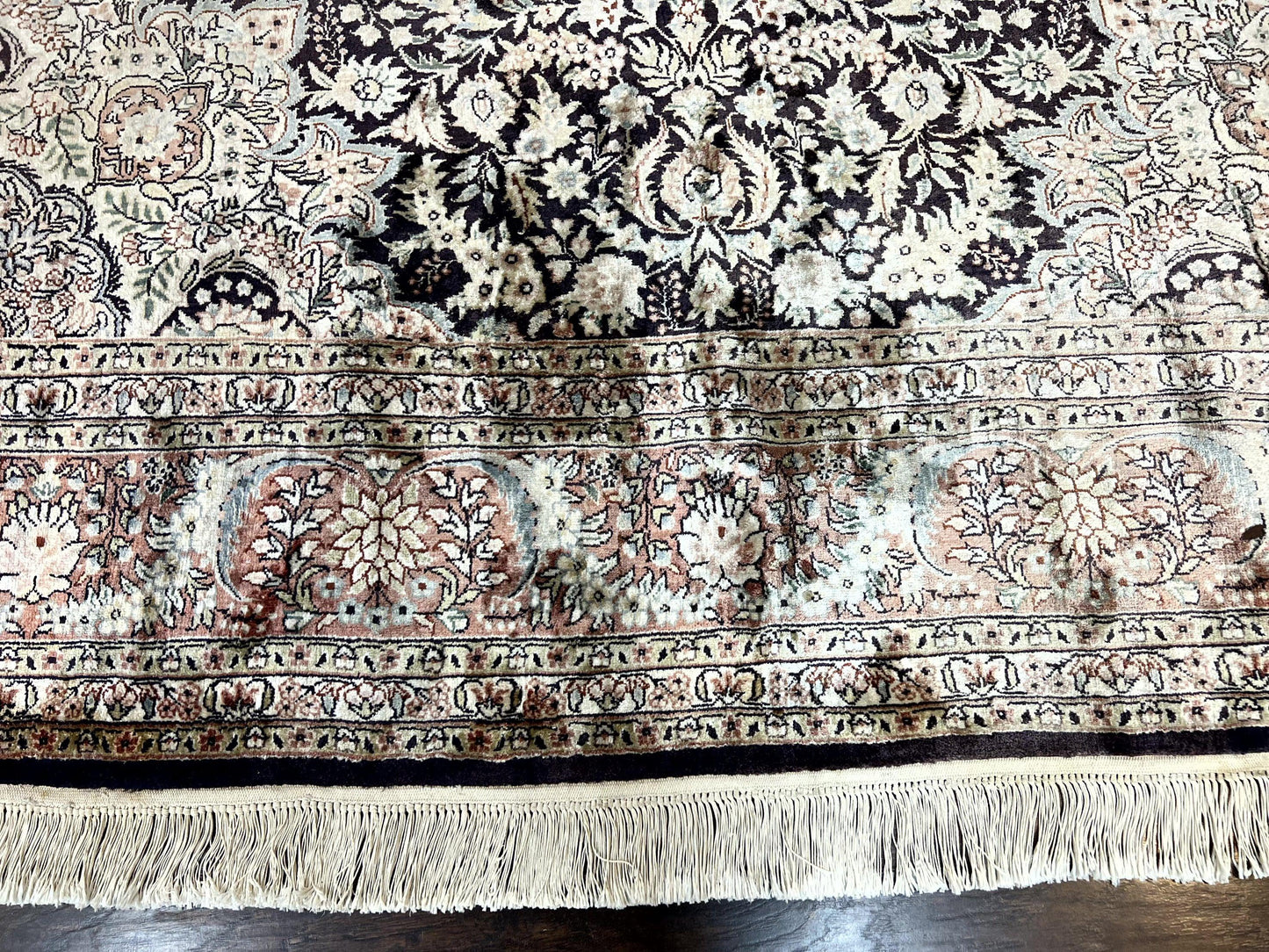 Silk Kashmiri Rug 8x10 Floral Medallion Handmade Indo Persian Vintage Silk Rug