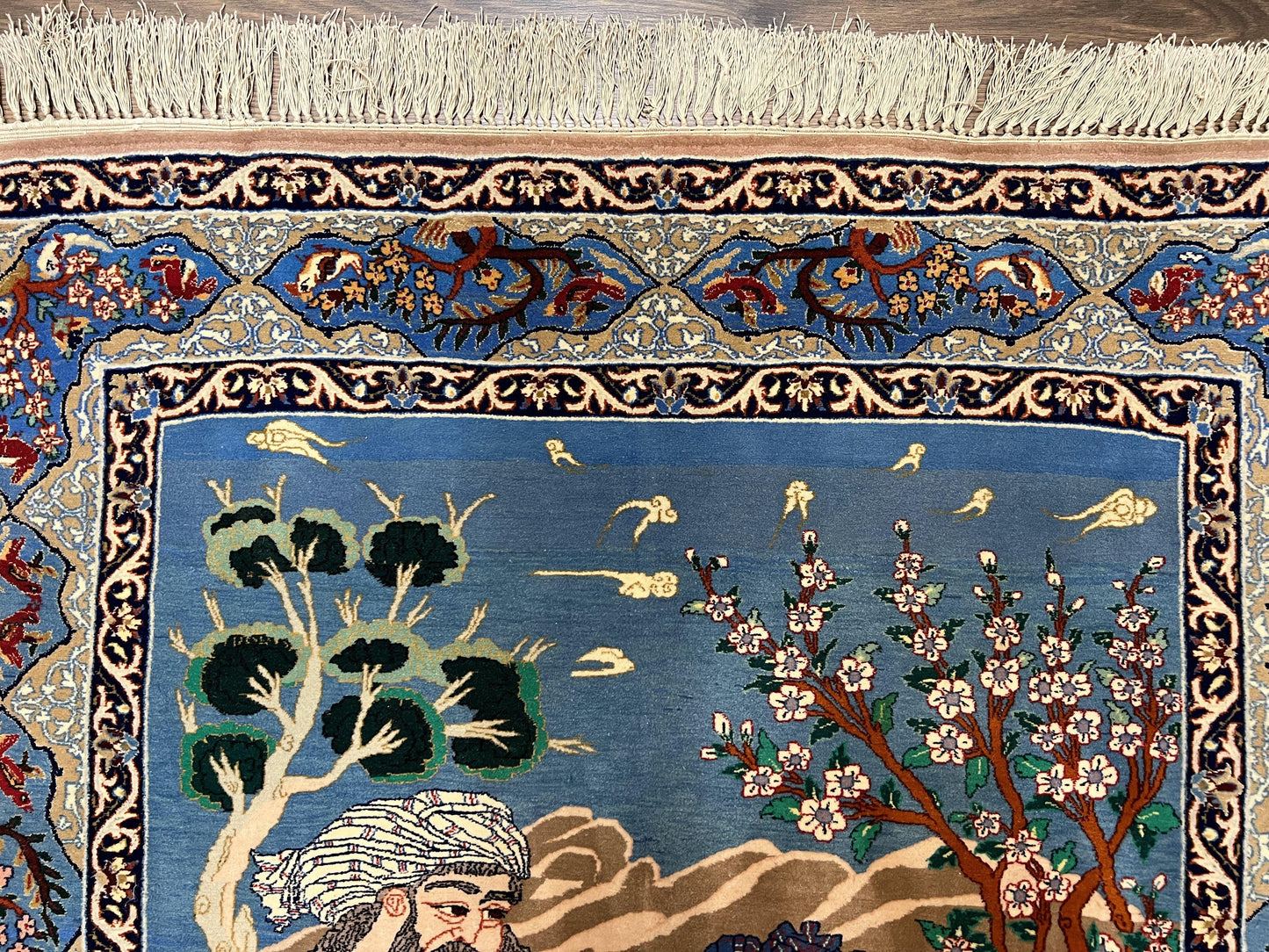 Fine Persian Isfahan Pictorial Rug 3.7 x 5, Kork Wool on Silk Foundation, Blue Persian Carpet, Hand Knotted, Humans Birds, High KPSI, Semi Antique