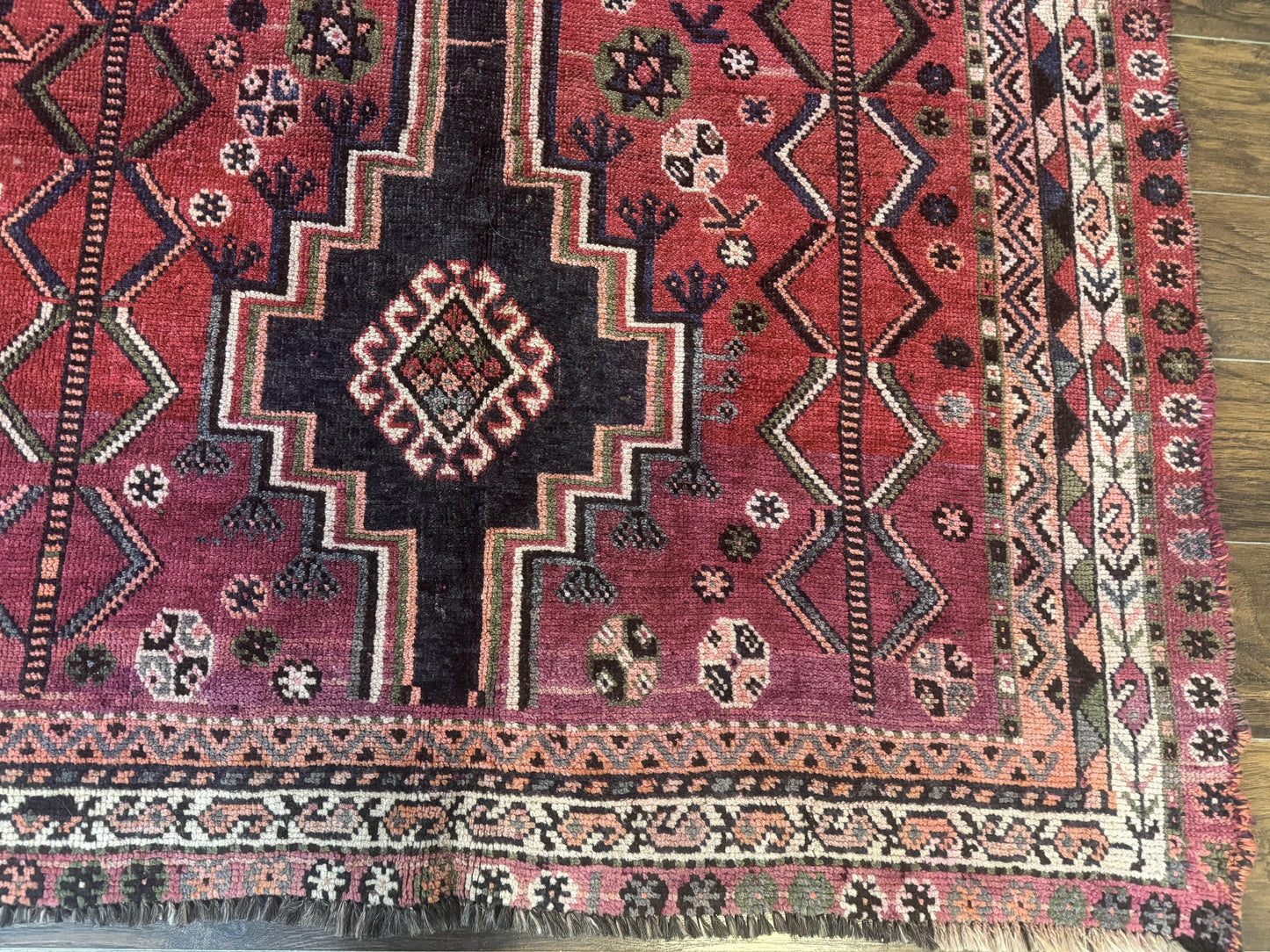 Persian Tribal Shiraz Rug 5x8, Geometric, Raspberry Red and Charcoal, Antique Persian Carpet
