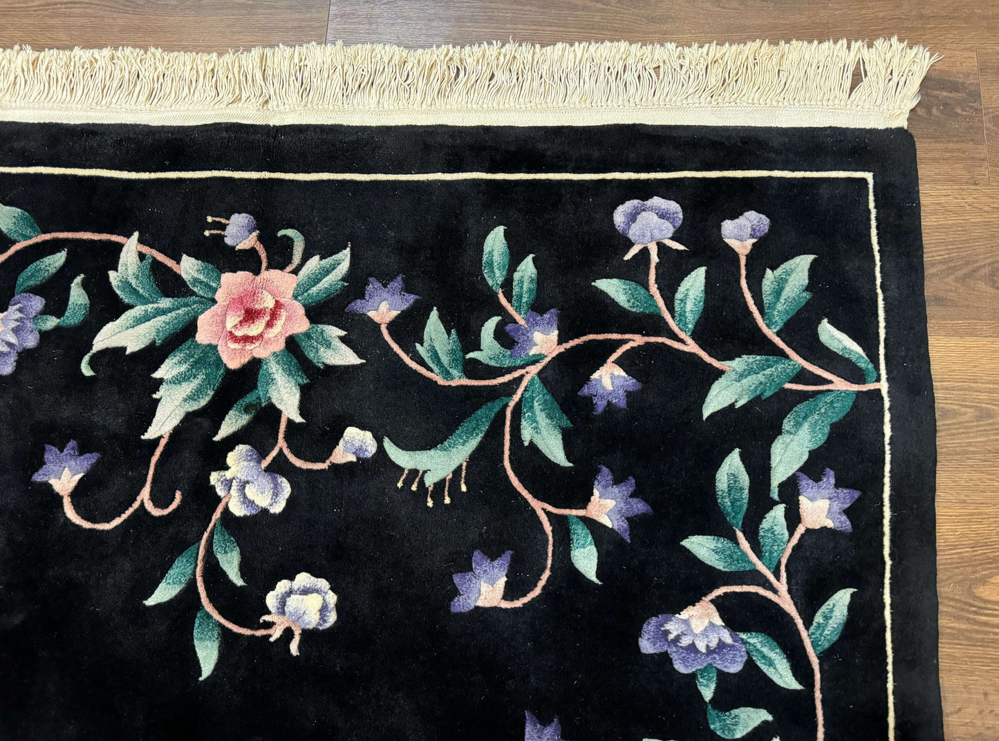 Chinese Wool Rug 6x9 Vintage Black Floral Minimal Design Art Deco Handmade Hand Knotted